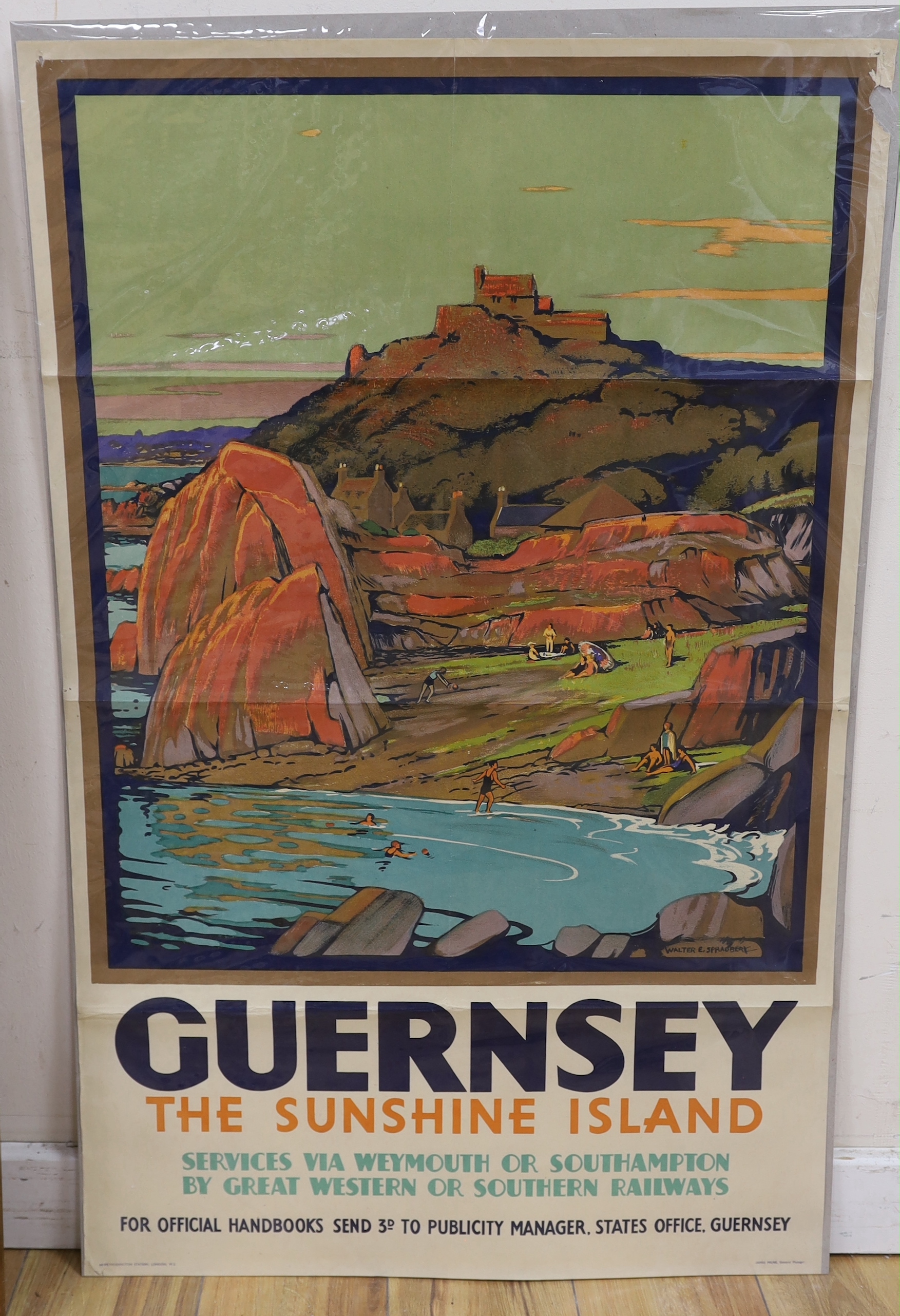 Walter Ernest Spradbery (1889-1969), lithographic railway poster, 'Guernsey - The Sunshine Island', 101 x 63.5cm, unframed